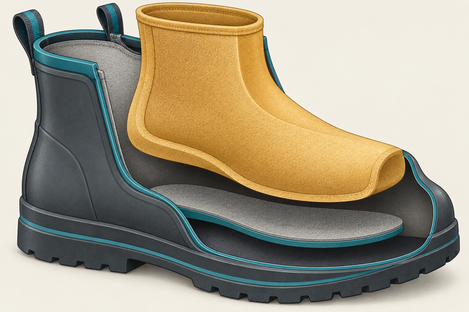 Conceptual cutaway showing a gold foam bootie lifted from a generic rubber boot shell.