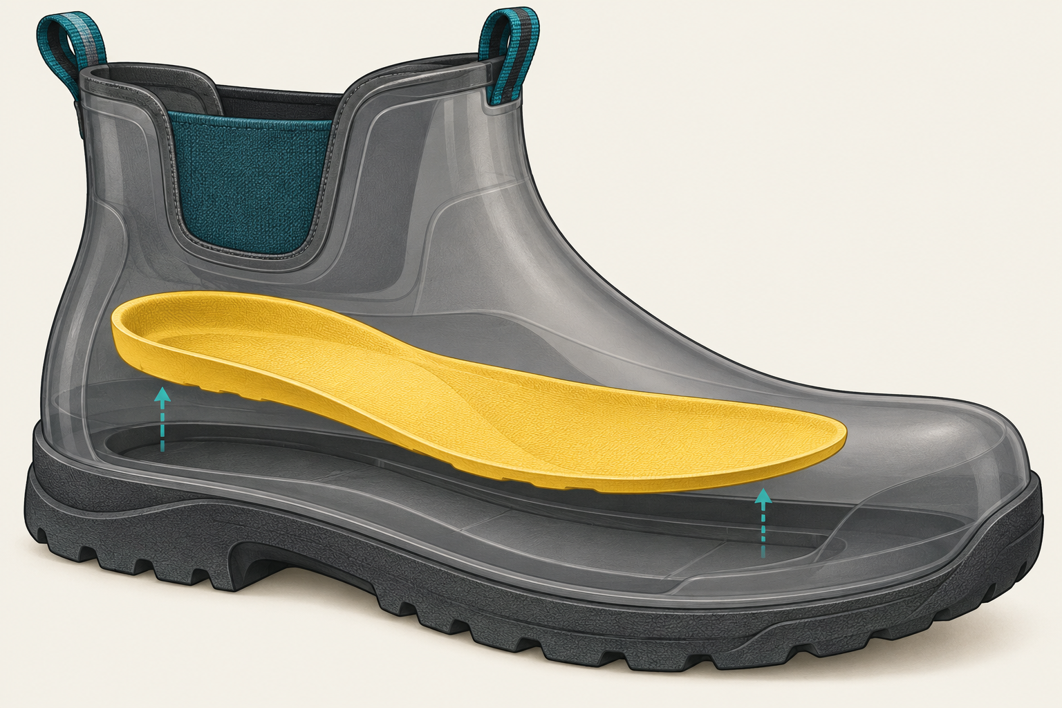 Conceptual cutaway with a yellow footbed lifted above its seat inside a generic boot.