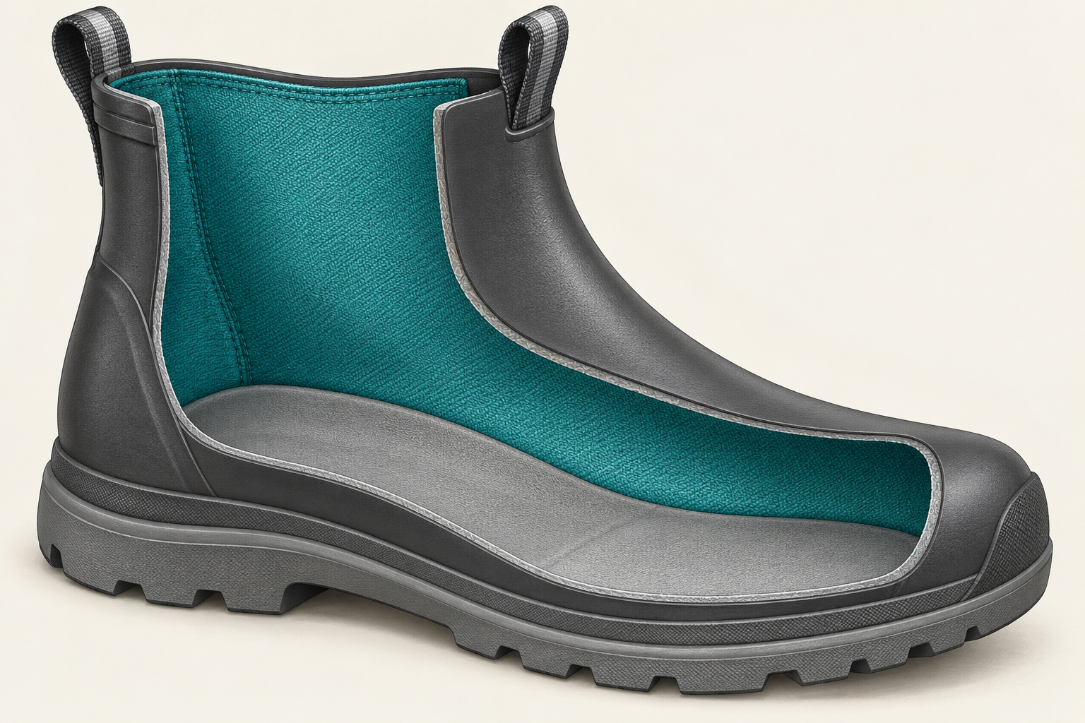 Conceptual cutaway highlighting a thin teal fabric lining on the inside of a generic boot.