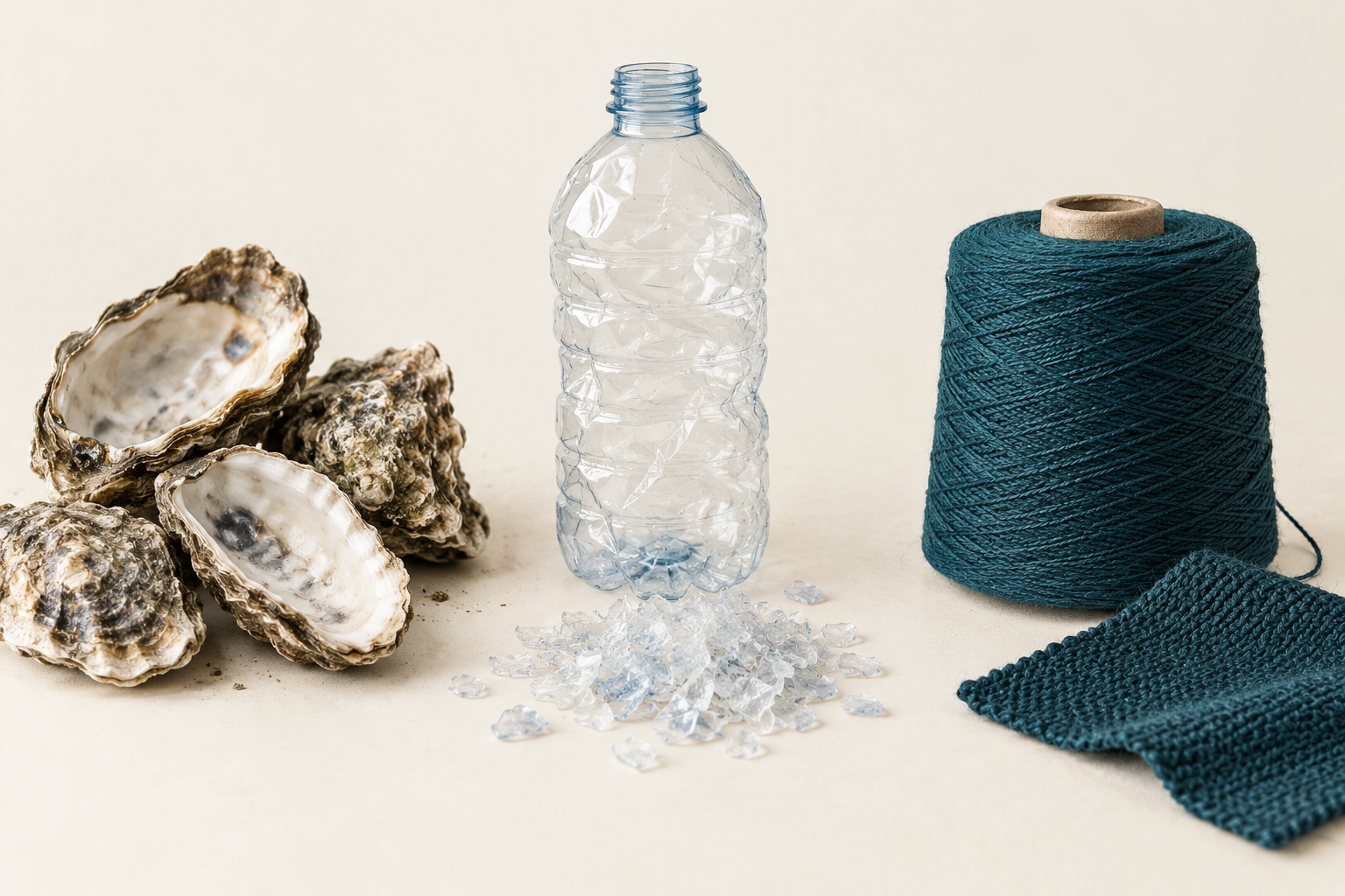 Conceptual illustration of oyster shells, a plastic bottle, recycled flakes and textile yarn.