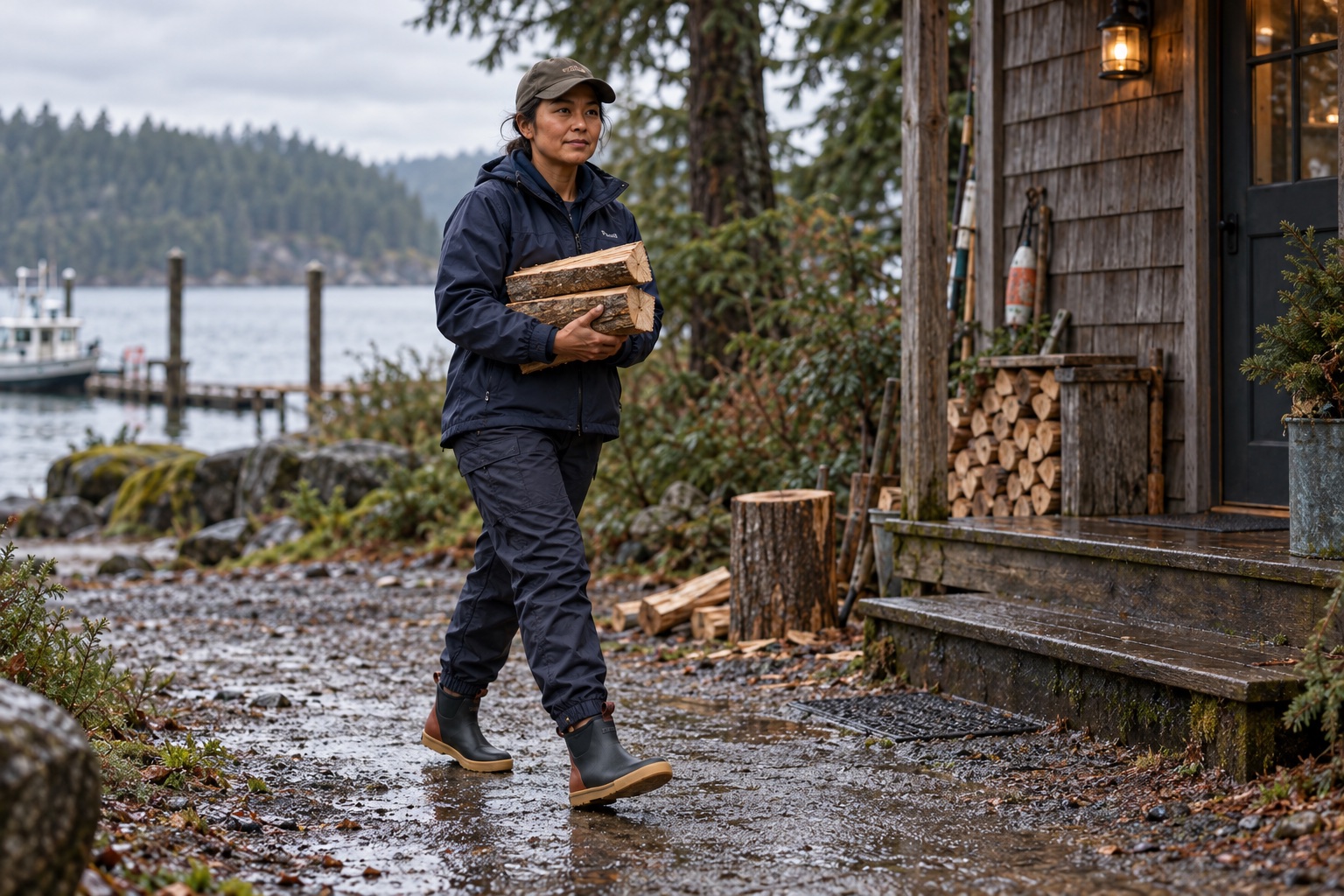 Jo carrying firewood to a cabin in black Camp-style ankle boots.