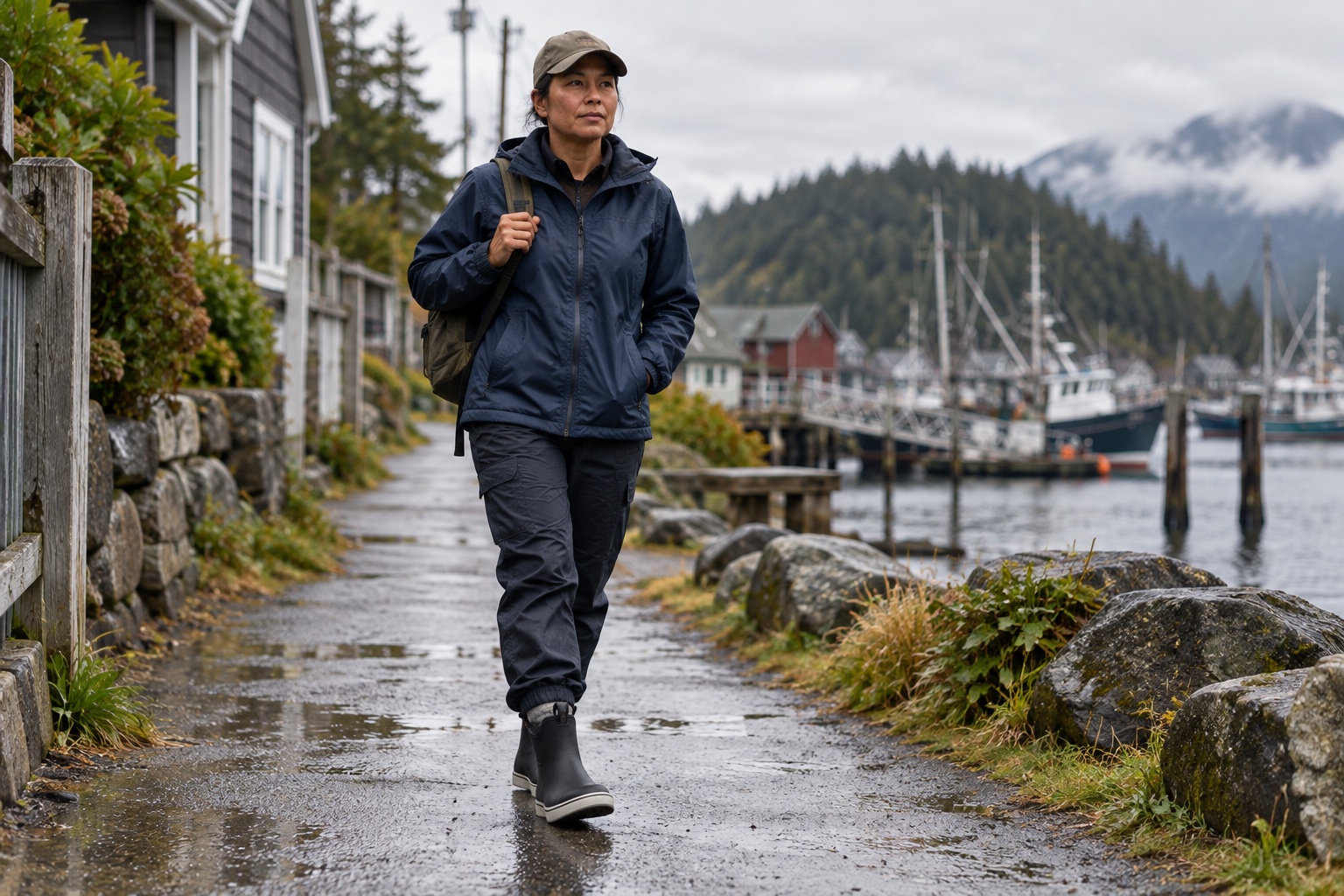 Jo walking a damp coastal path in black fleece ankle boots.