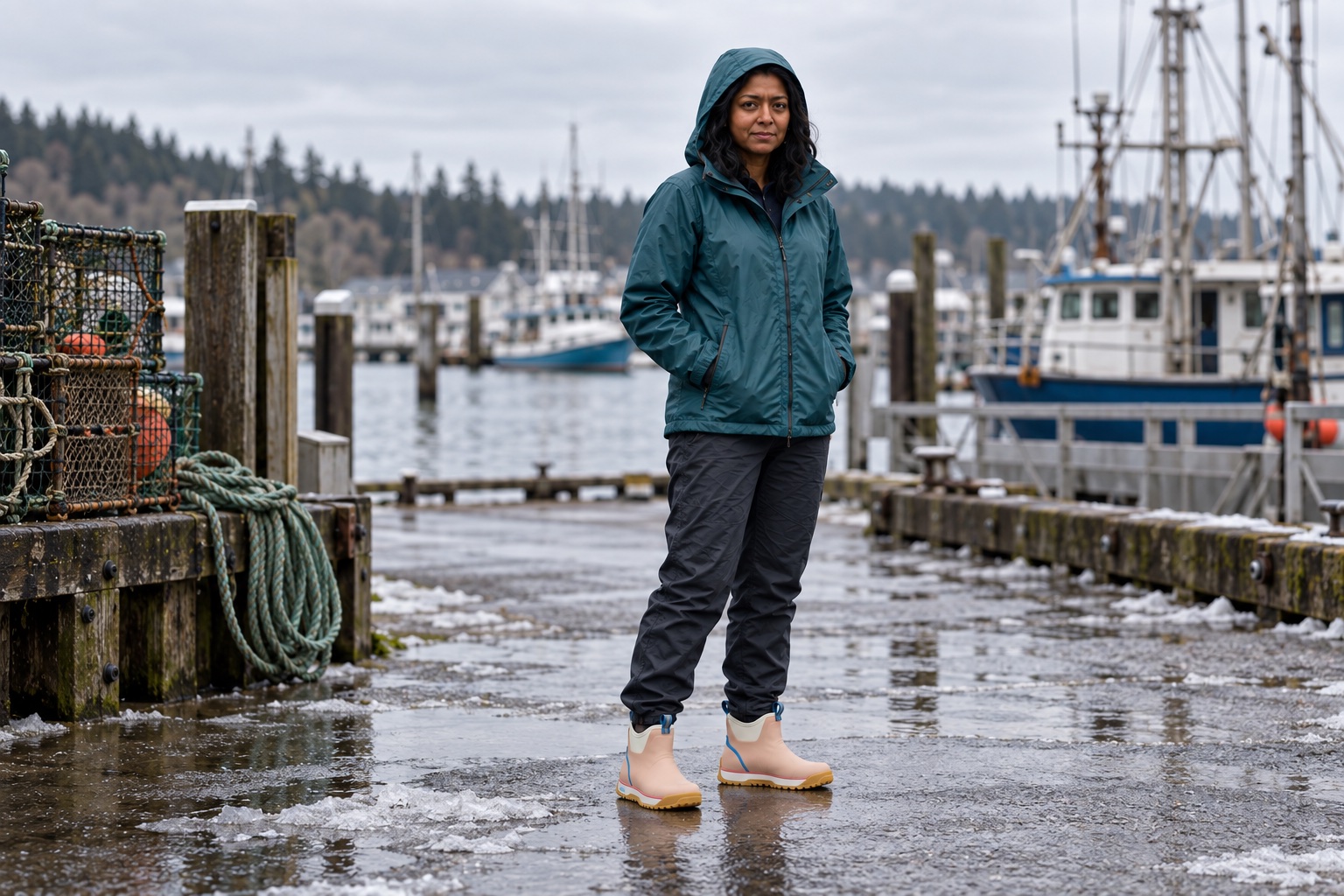 Talia beside a wet harbor walkway in rose Ice-style ankle boots.