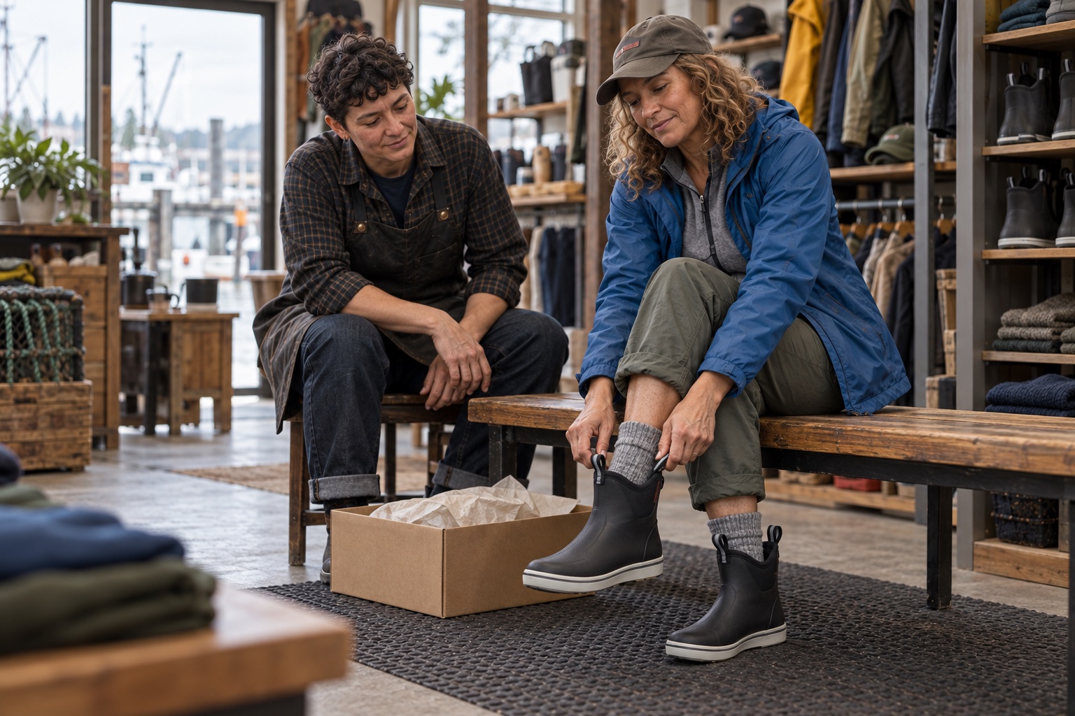 Lena trying on black ankle boots with gray socks at a workwear-store bench while Sam helps.