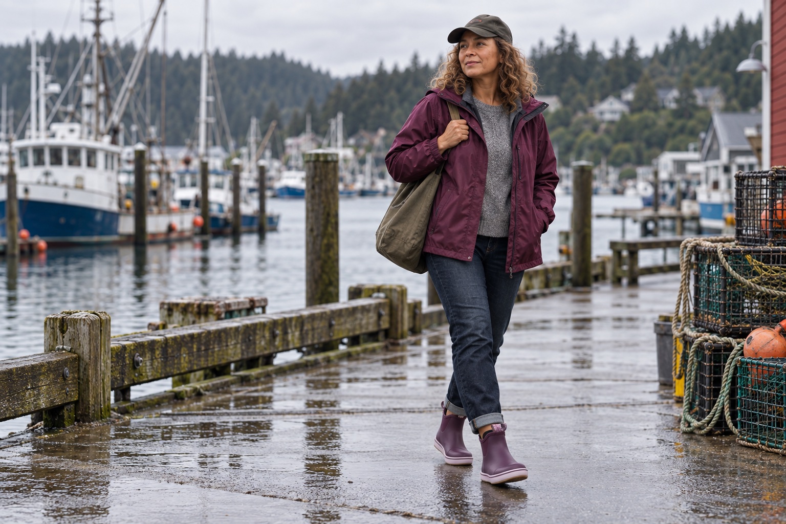 Lena on a waterfront walk in plum Trolling Pack-style ankle boots.
