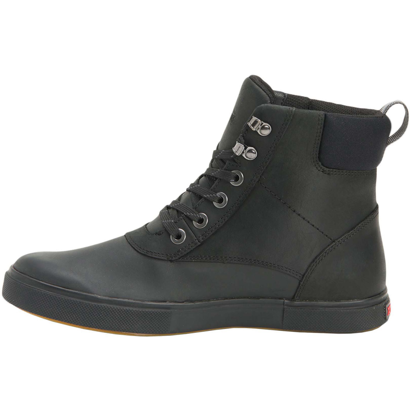 Black Men's Leather Lace Ankle Deck Boot Instep View.