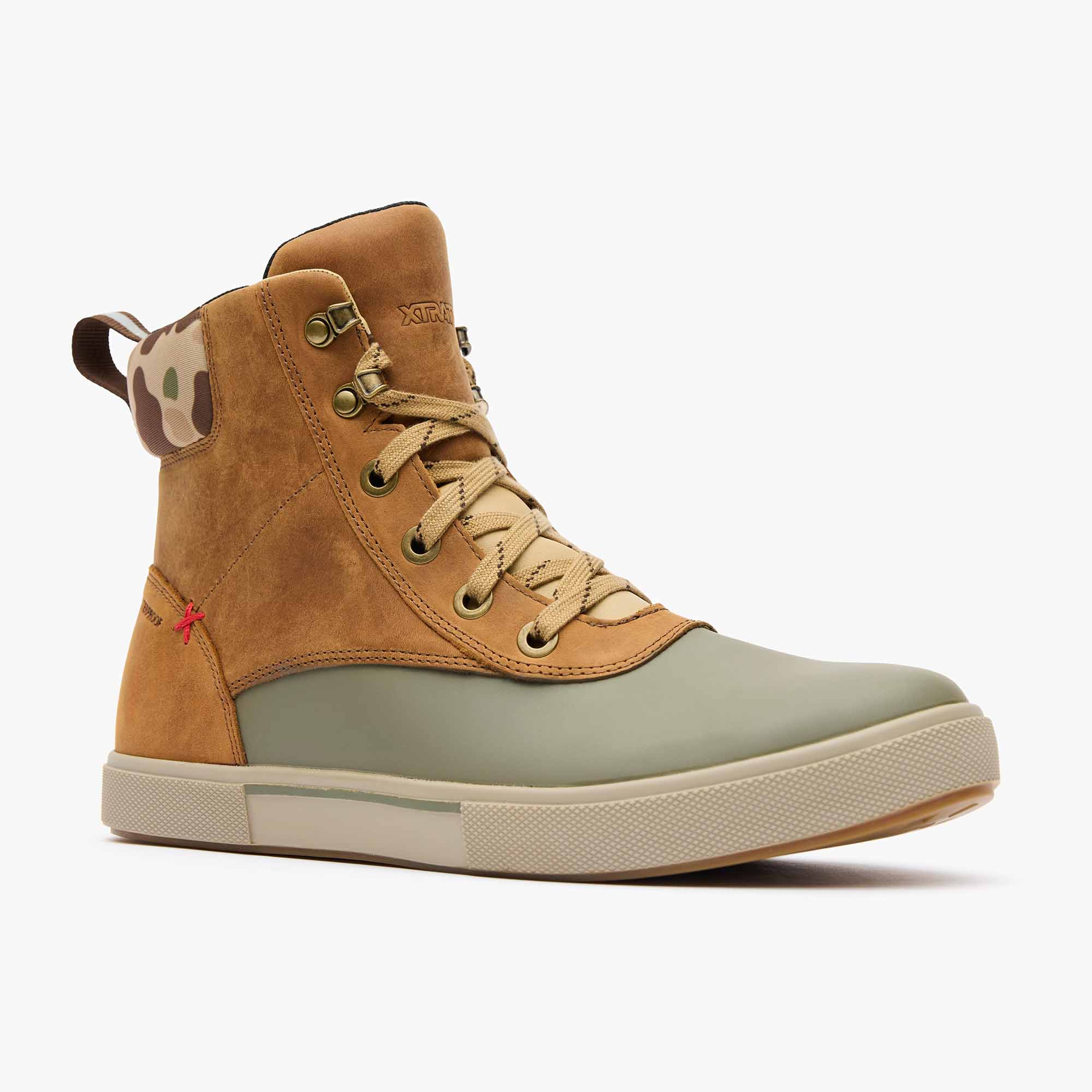 Tan and Green Men's Leather Lace Ankle Deck Boot Main View.