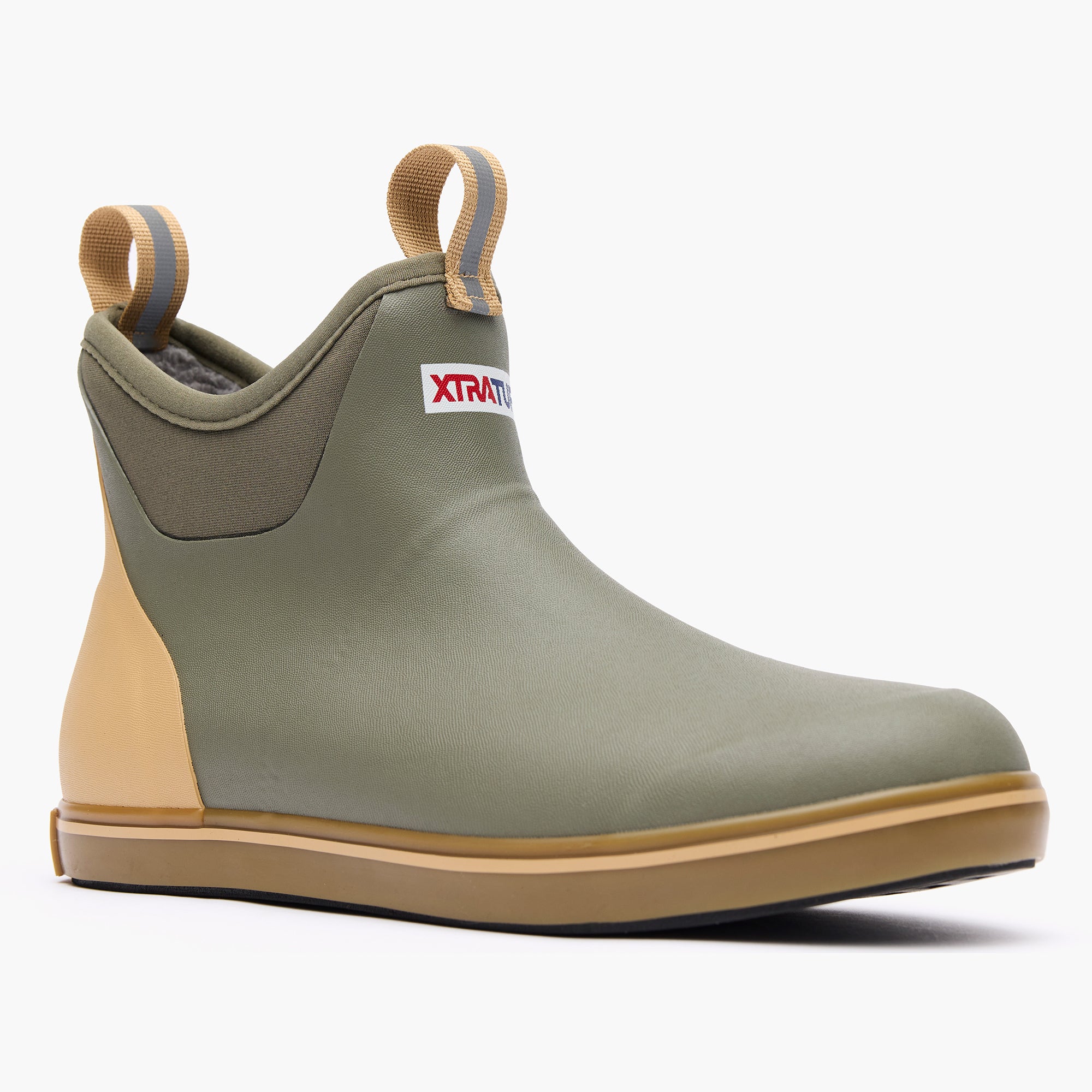 Tan and Green Men's Trolling Pack Fleece Lined Ankle Deck Boot Main View.