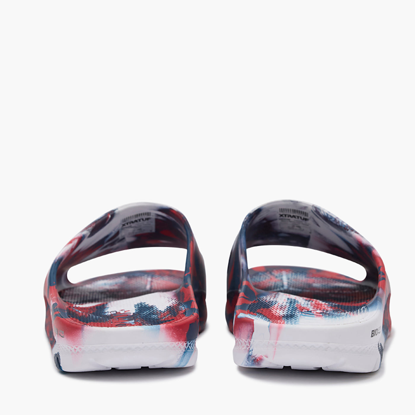 Red, White, and Blue Swirl Men's Après Fish Slide Pair View.