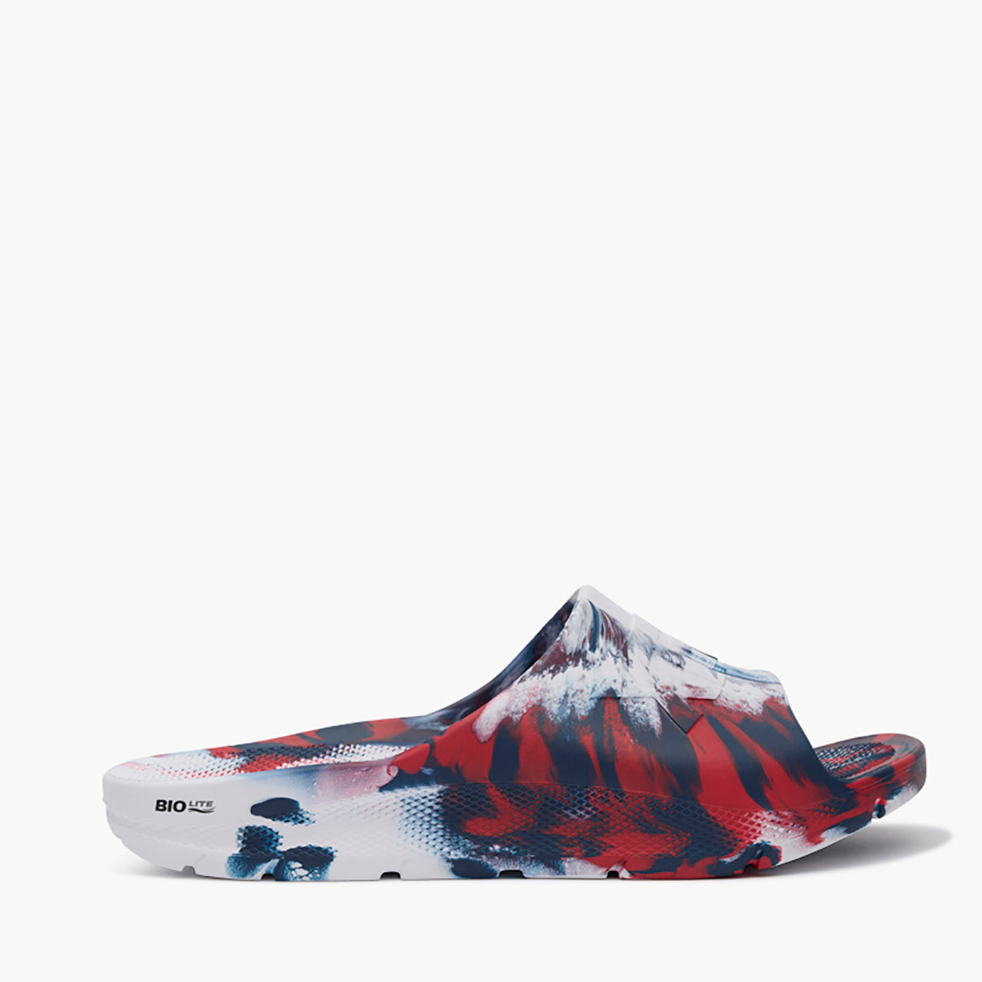 Red, White, and Blue Swirl Men's Après Fish Slide Profile.
