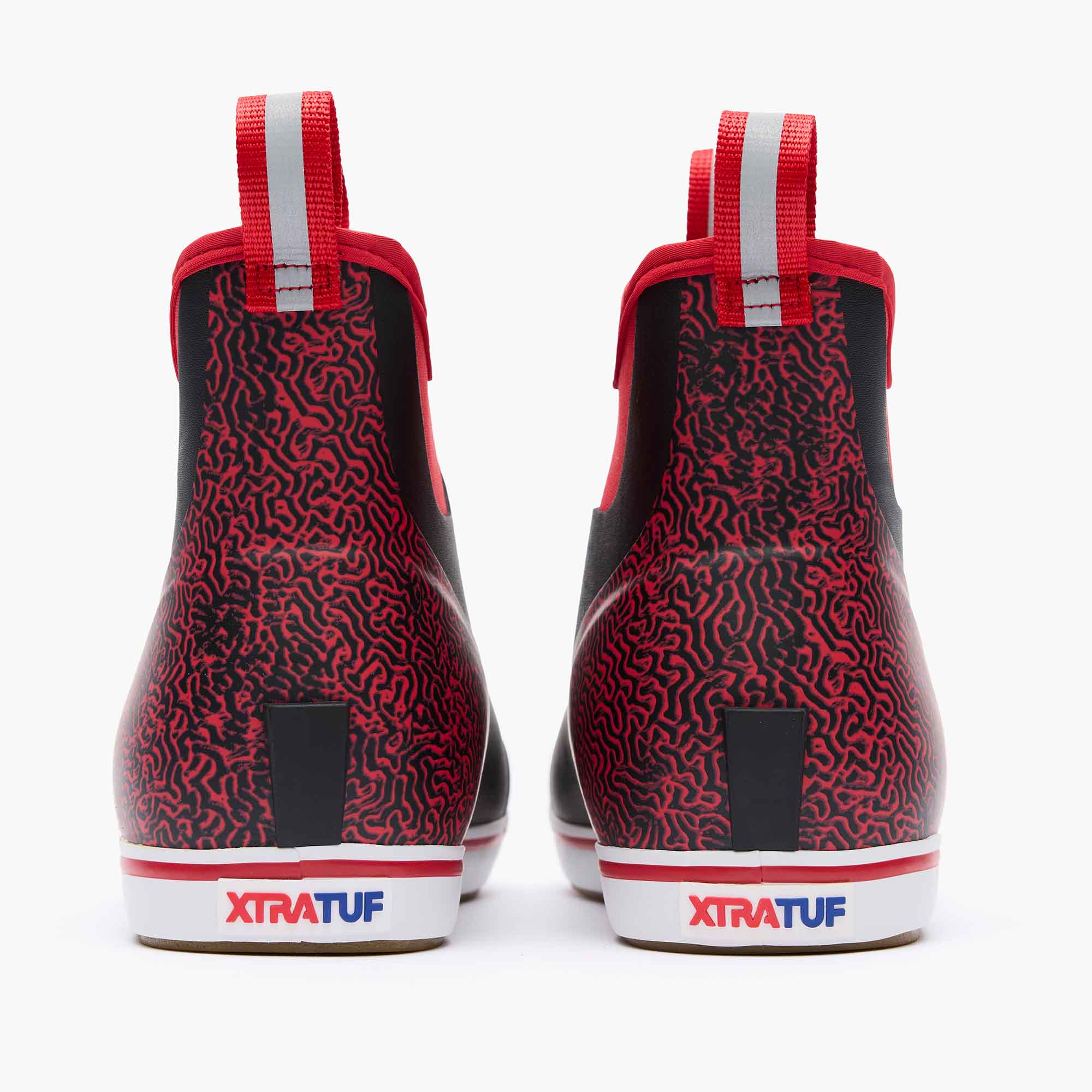 Black and Red Men's Tailgate Ankle Deck Boot Back View.