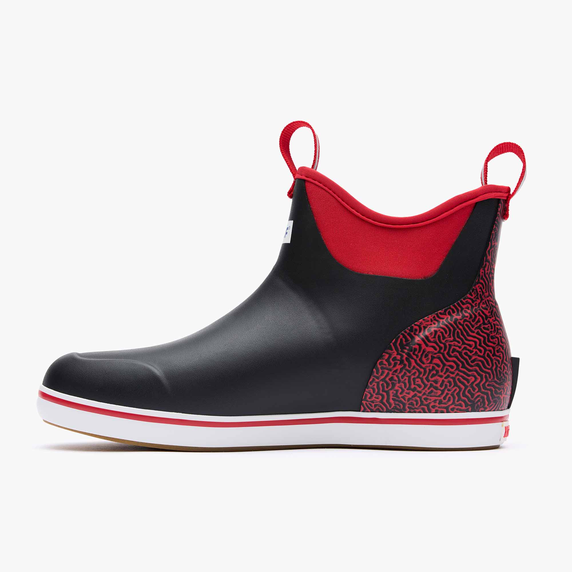 Black and Red Men's Tailgate Ankle Deck Boot Instep View.