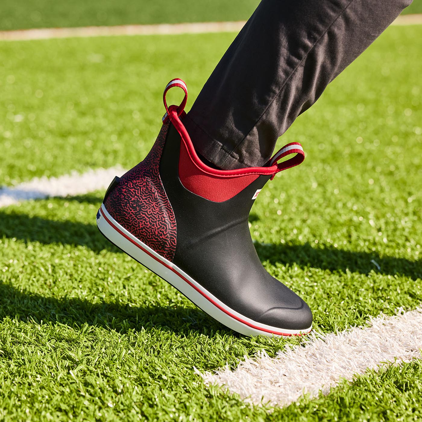 Black and Red Men's Tailgate Ankle Deck Boot On-Foot View.