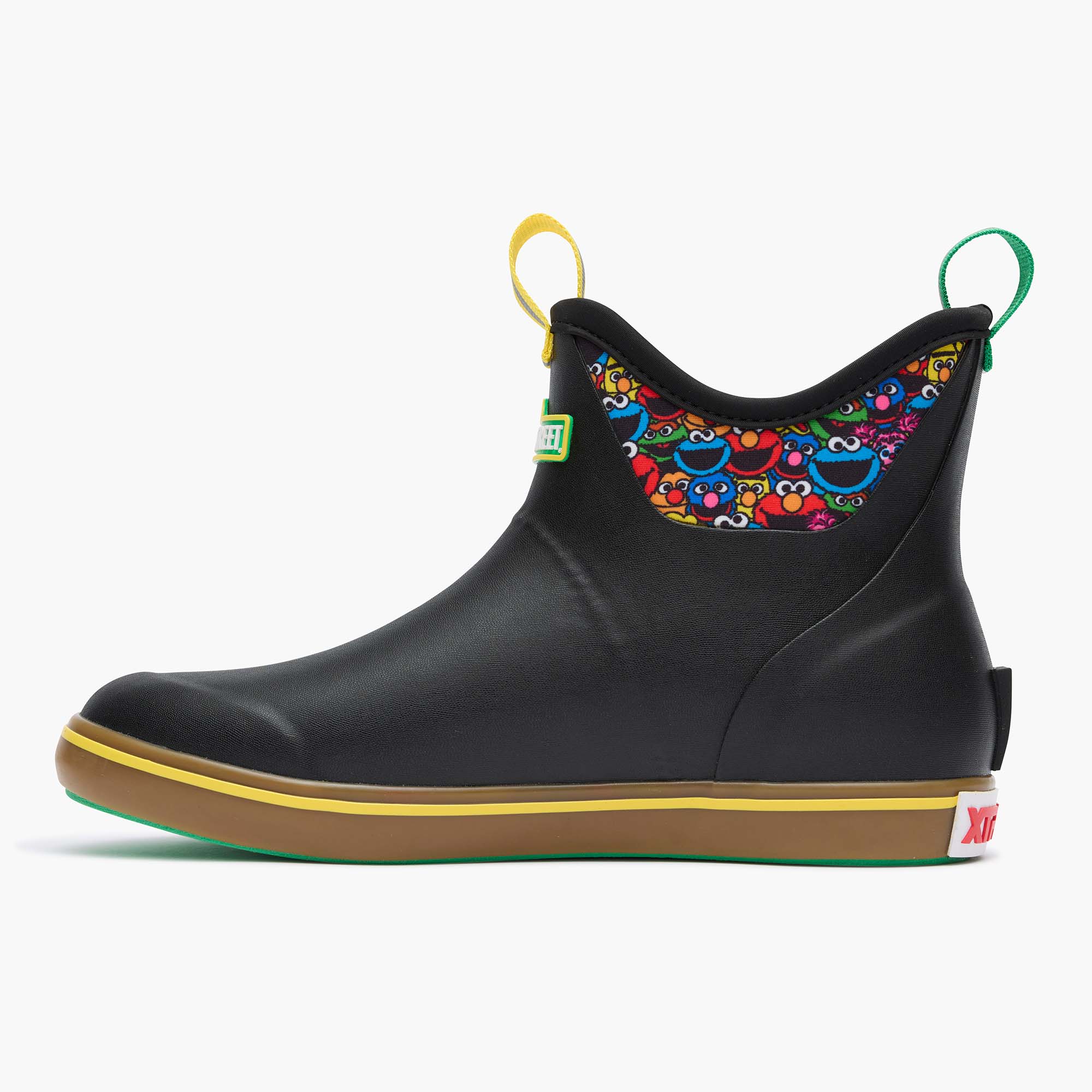Black Multi Sesame Street Men’s Ankle Deck Boot Instep View.