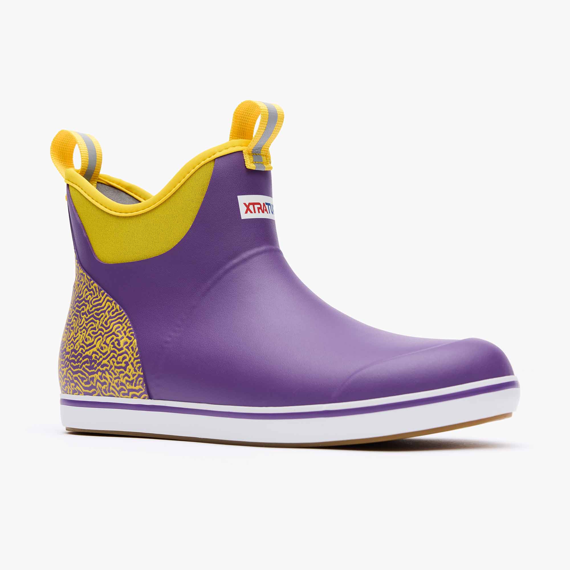 Purple and Yellow Men's Tailgate Ankle Deck Boot Main View.