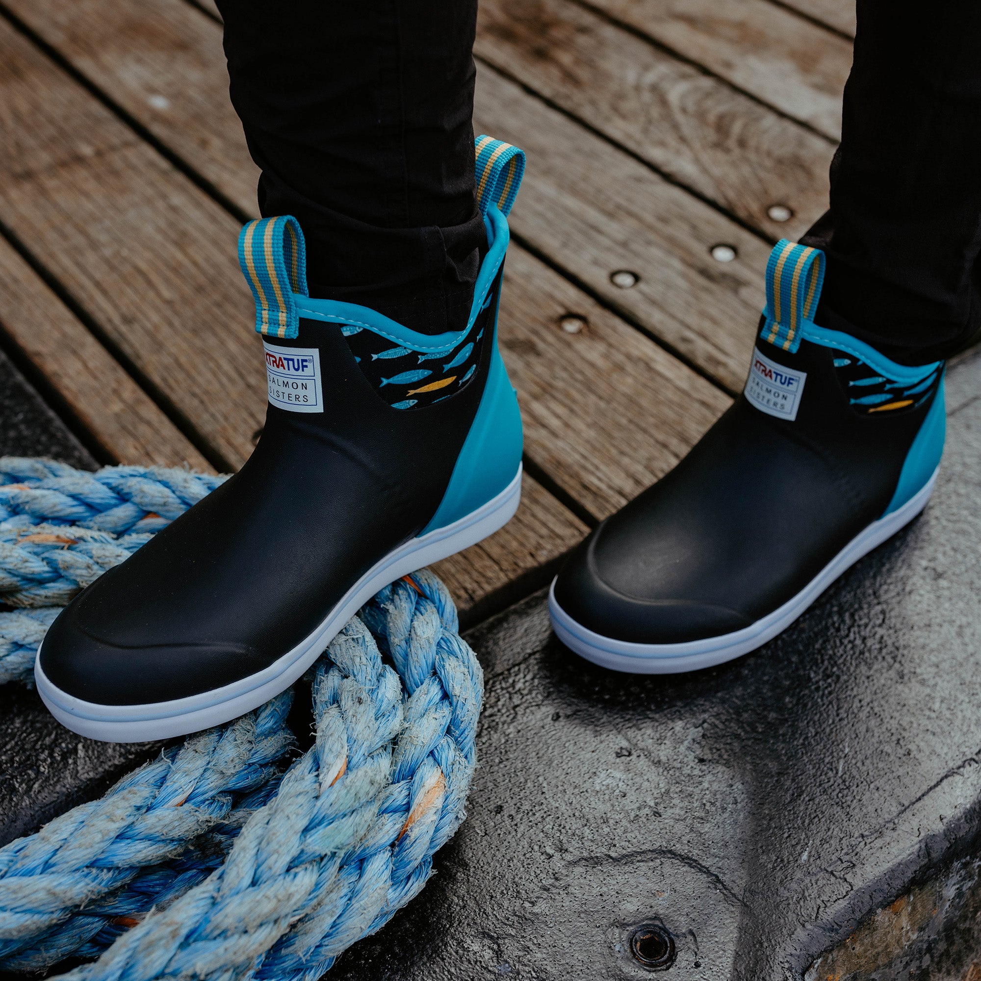 Black Women's Salmon Sisters Ankle Deck Boot On-Foot View.