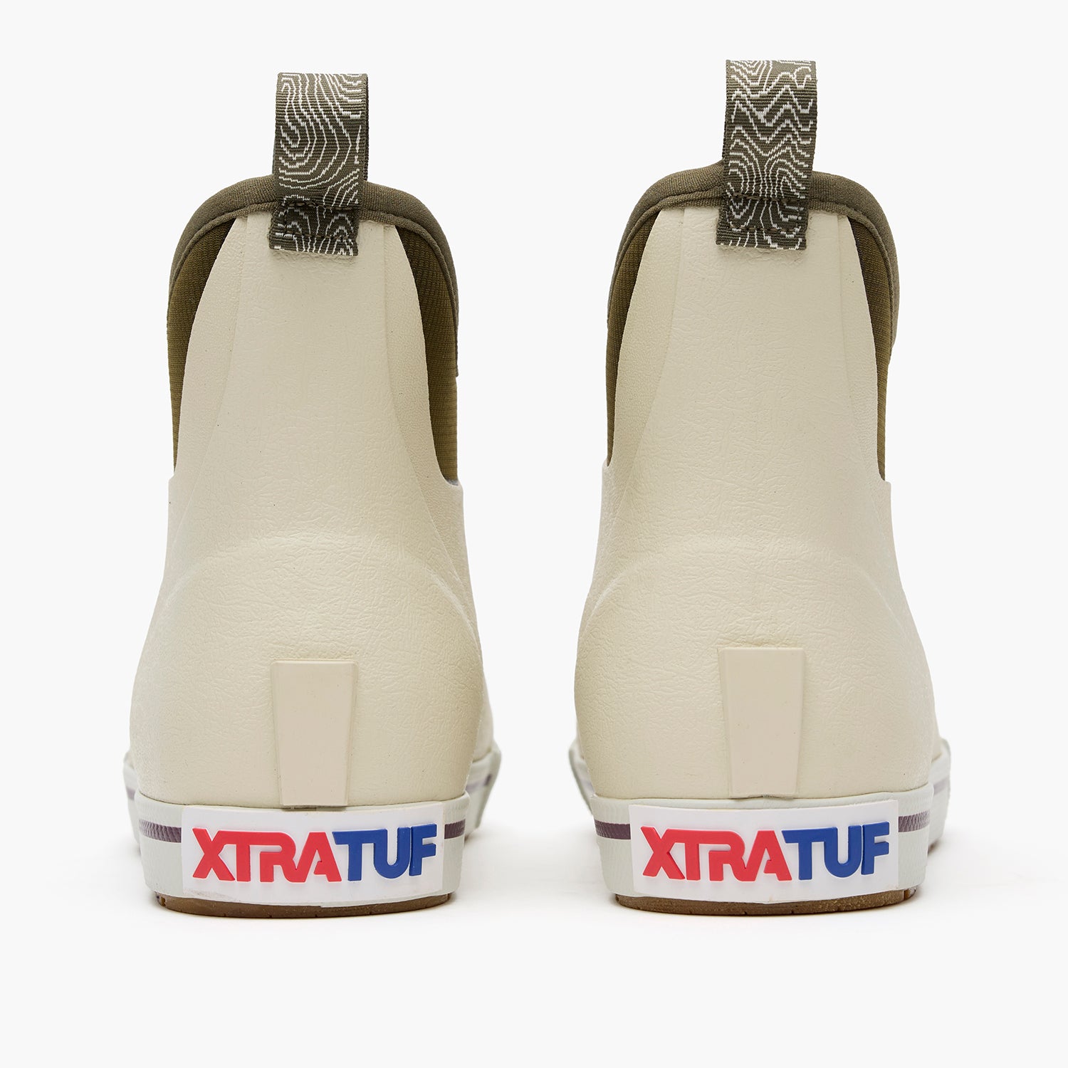 Bone White / Dark Olive Women's Camp Fleece Lined Ankle Deck Boot Back View.