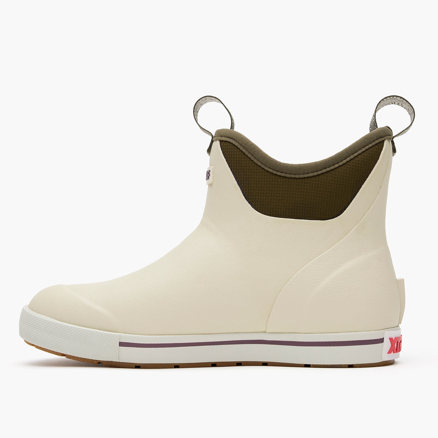 Bone White / Dark Olive Women's Camp Fleece Lined Ankle Deck Boot Instep View.