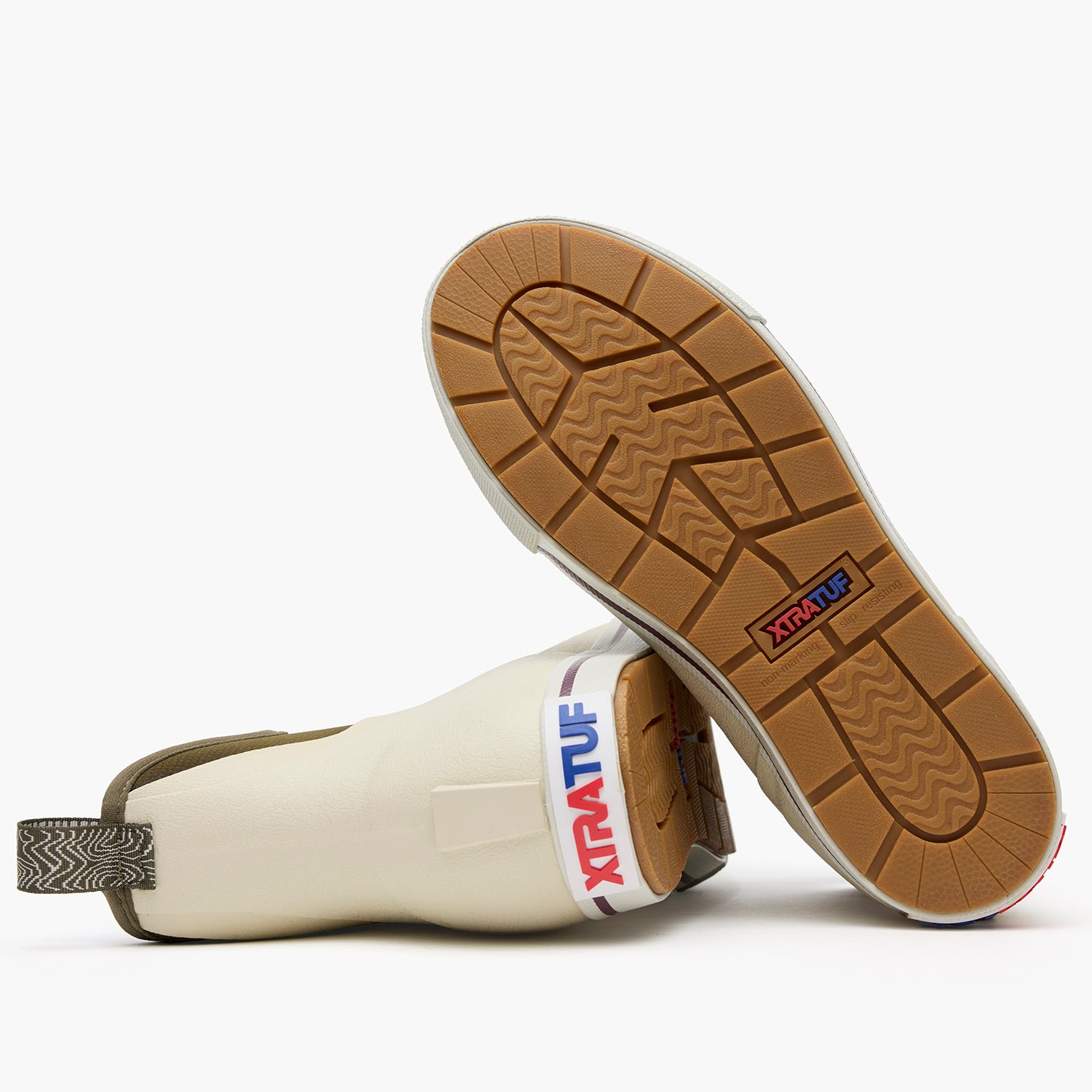 Bone White / Dark Olive Women's Camp Fleece Lined Ankle Deck Boot Outsole.