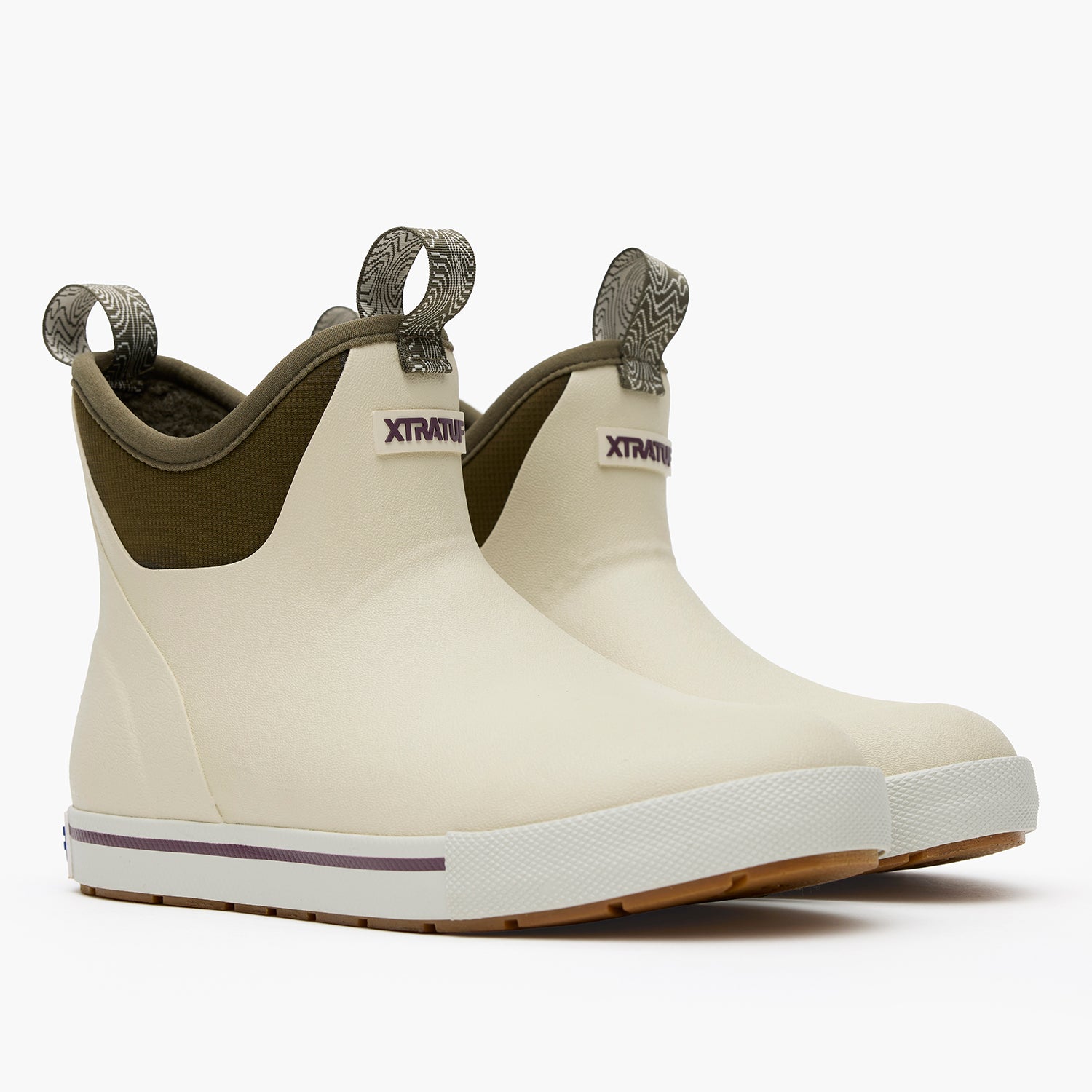 Bone White / Dark Olive Women's Camp Fleece Lined Ankle Deck Boot Pair View.