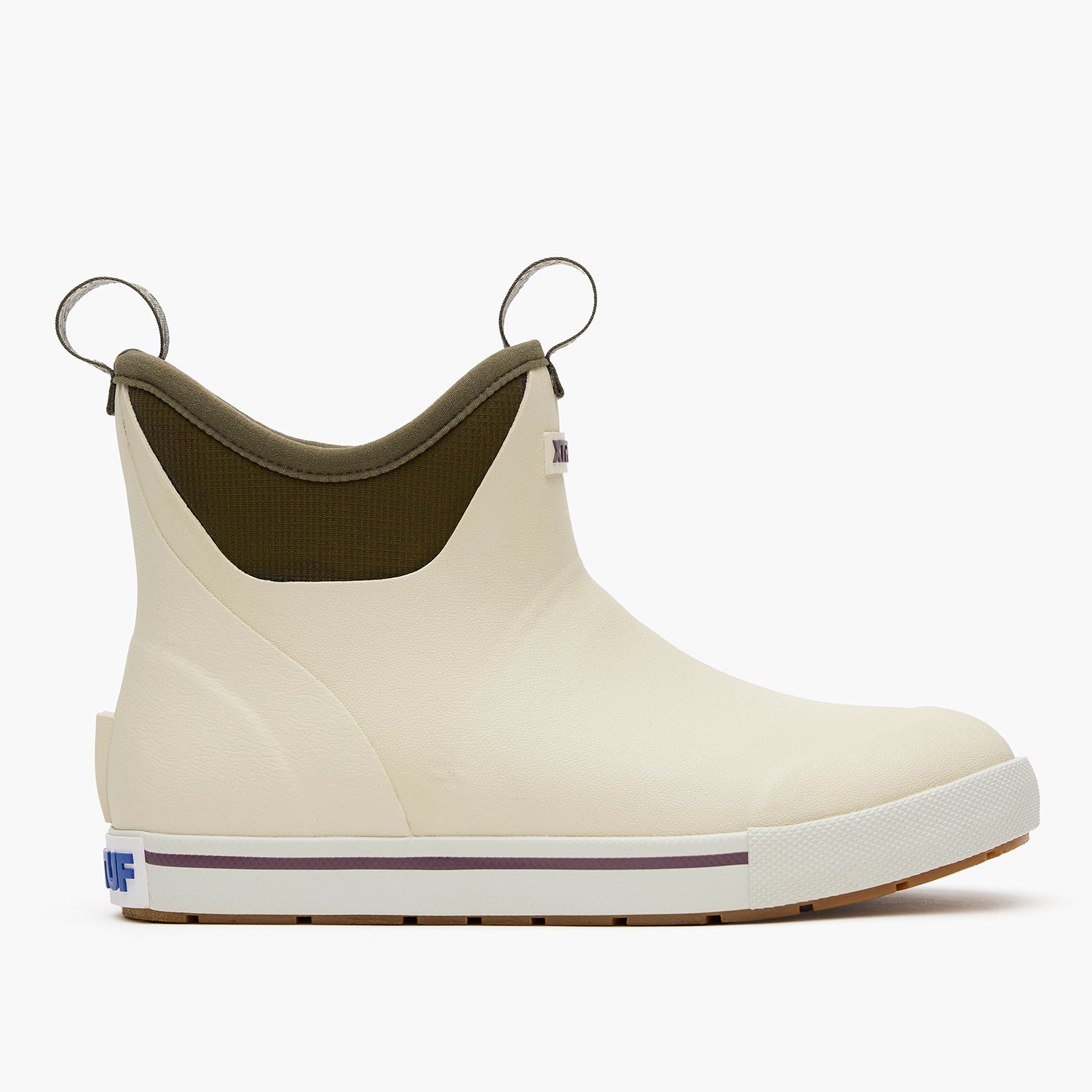 Bone White / Dark Olive Women's Camp Fleece Lined Ankle Deck Boot Profile.