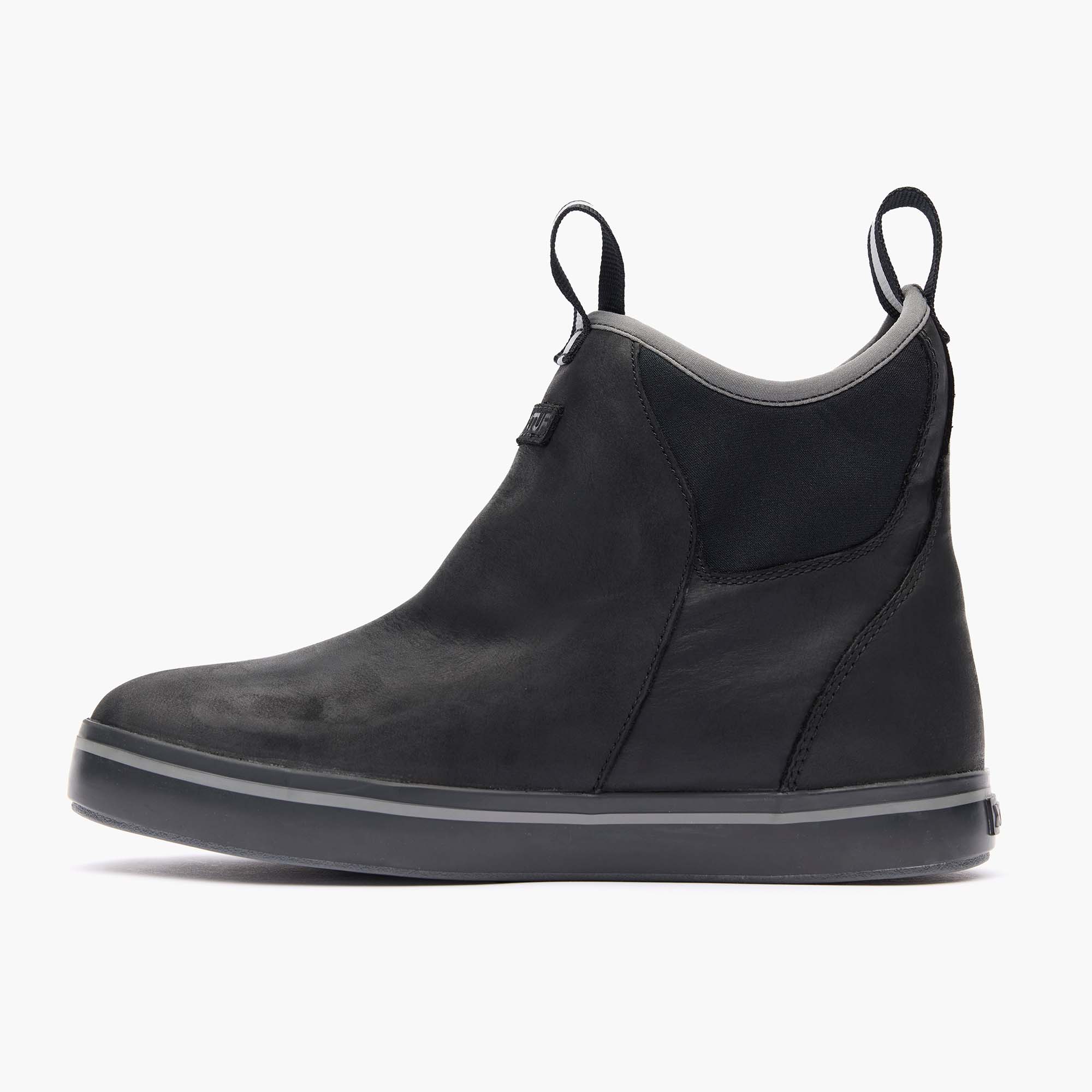 Black Women's Leather Ankle Deck Boot Instep View.