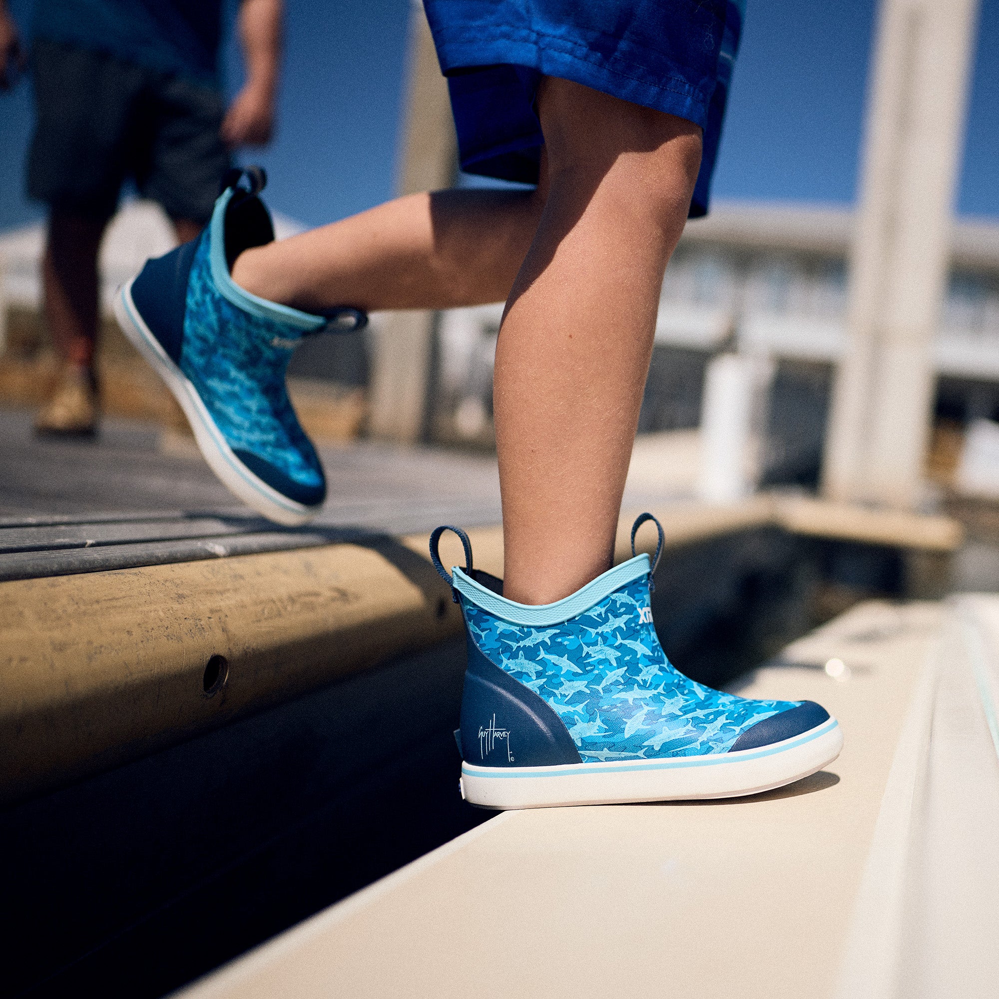 Blue Shark Camo Big Kids Ankle Deck Boot Guy Harvey On-Foot View.