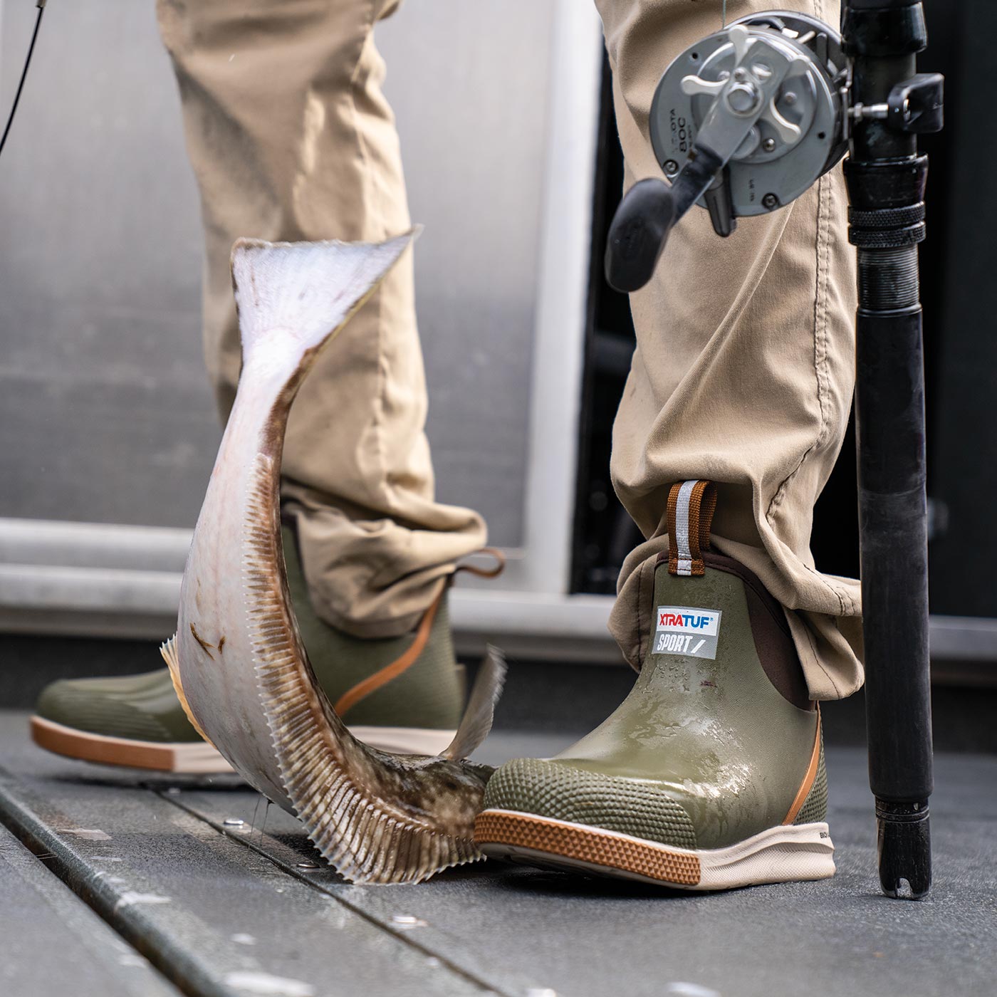 Olive Men's Ankle Deck Boot Sport On-Foot View.