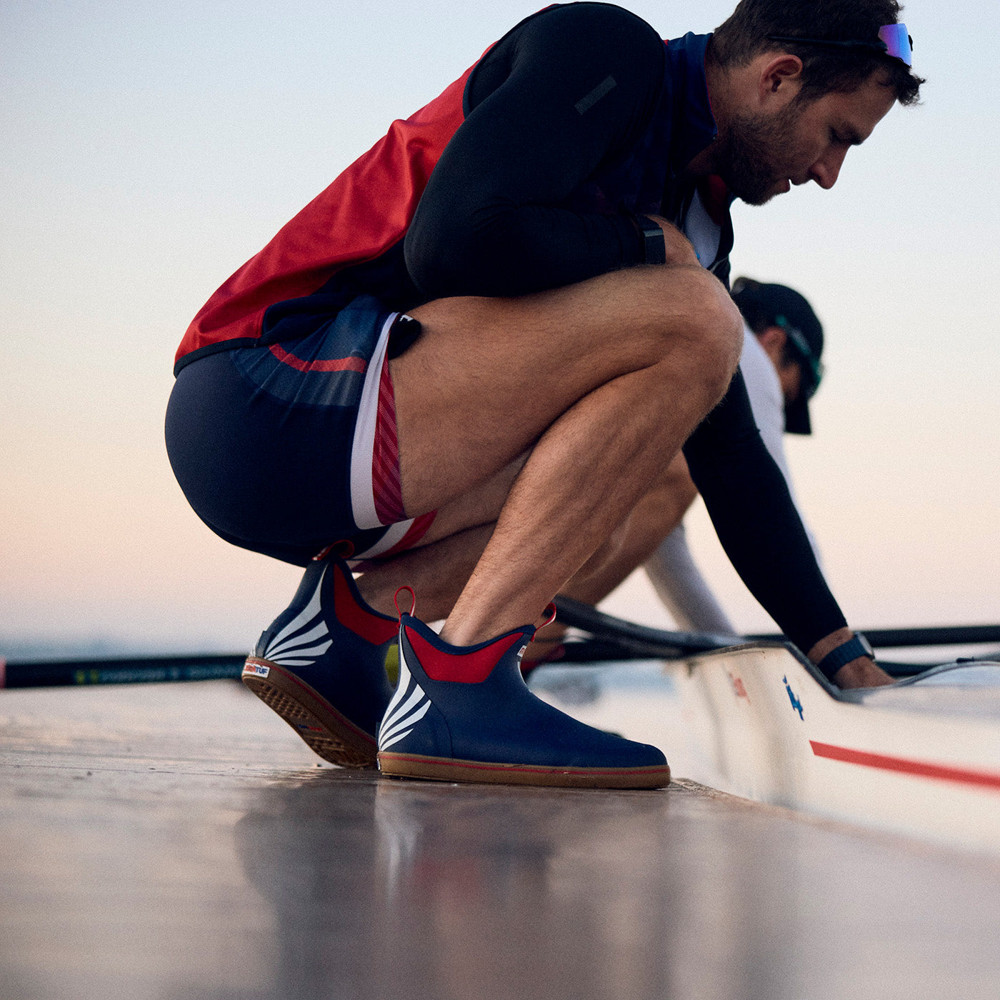 Red / White / Blue Men's Ankle Deck Boot USRowing Edition On-Foot View.