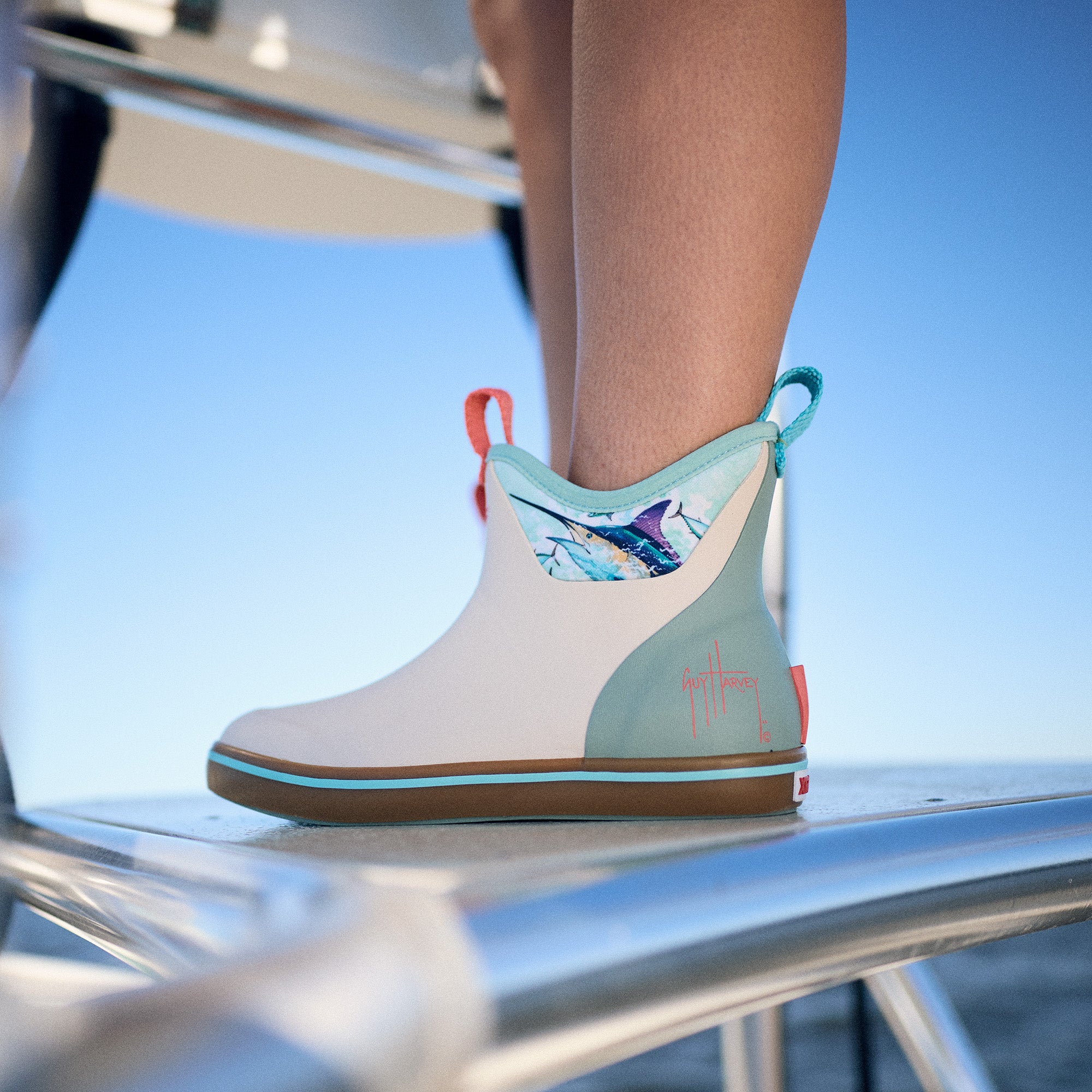 Bone White Marlin Women's Ankle Deck Boot Guy Harvey On-Foot View.