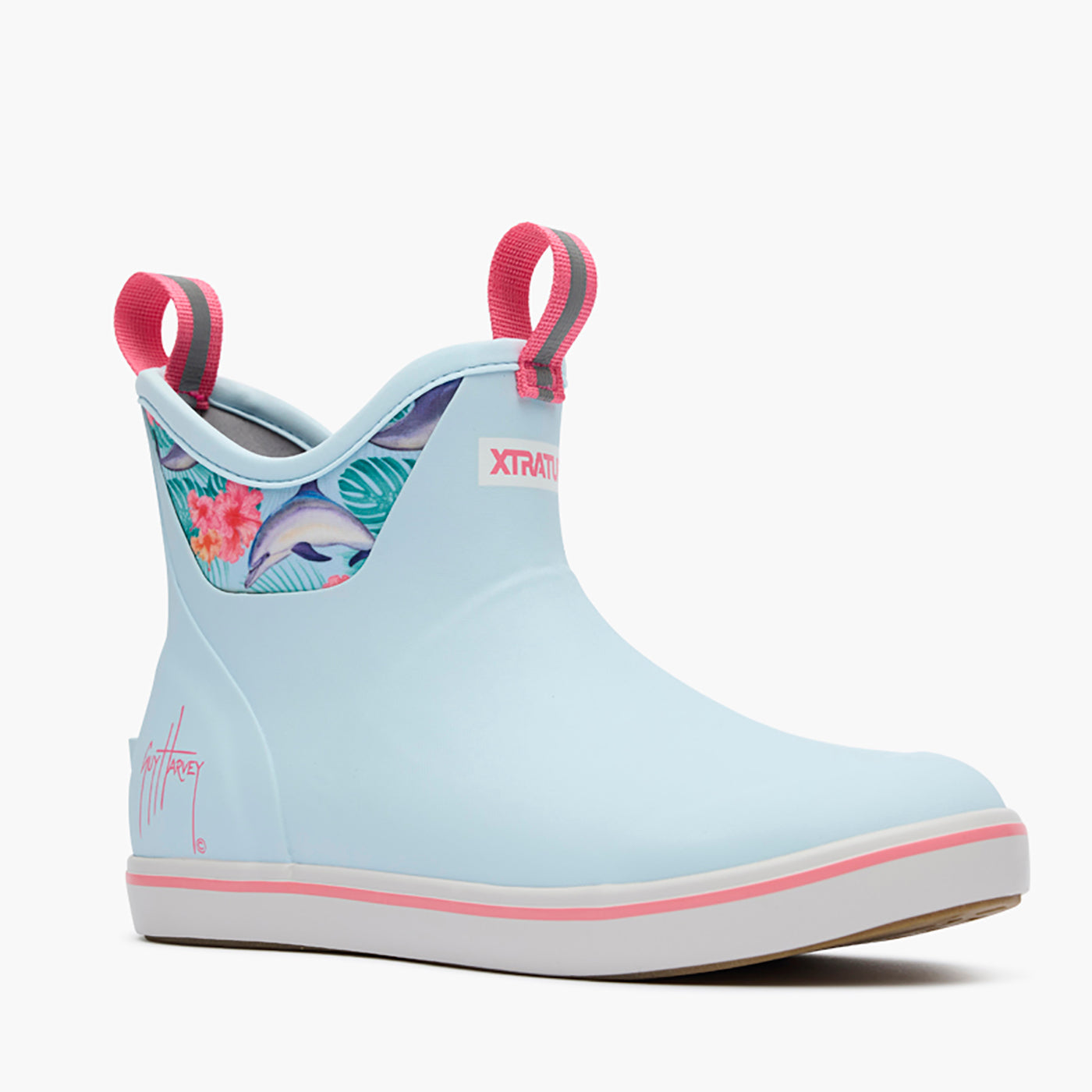 Blue / Dolphin Floral Women's Ankle Deck Boot Guy Harvey Main View.