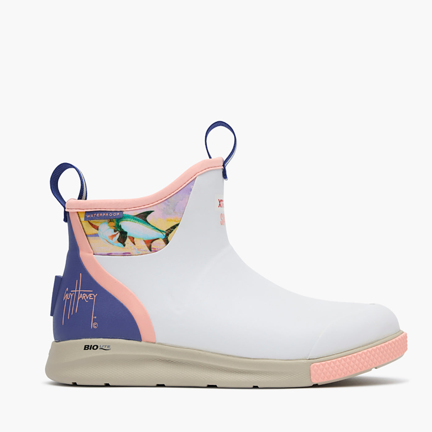 White / Sunset Tarpon Women's Ankle Deck Boot Sport Guy Harvey Profile.
